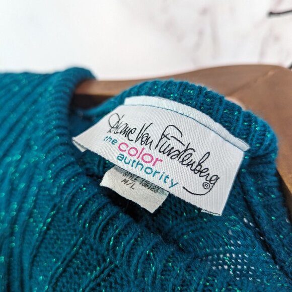Diane Von Firstenburg Sweater Womens Large Teal Vtg Oversized Glitter Sparkle - Picture 3 of 11